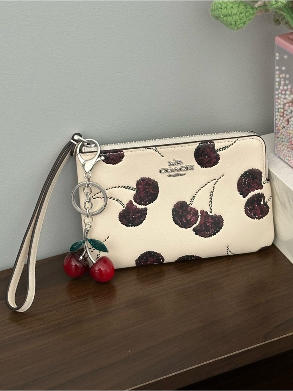Coach Corner Zip Wristlet Wallet with Cherry Print and Cherry Charm